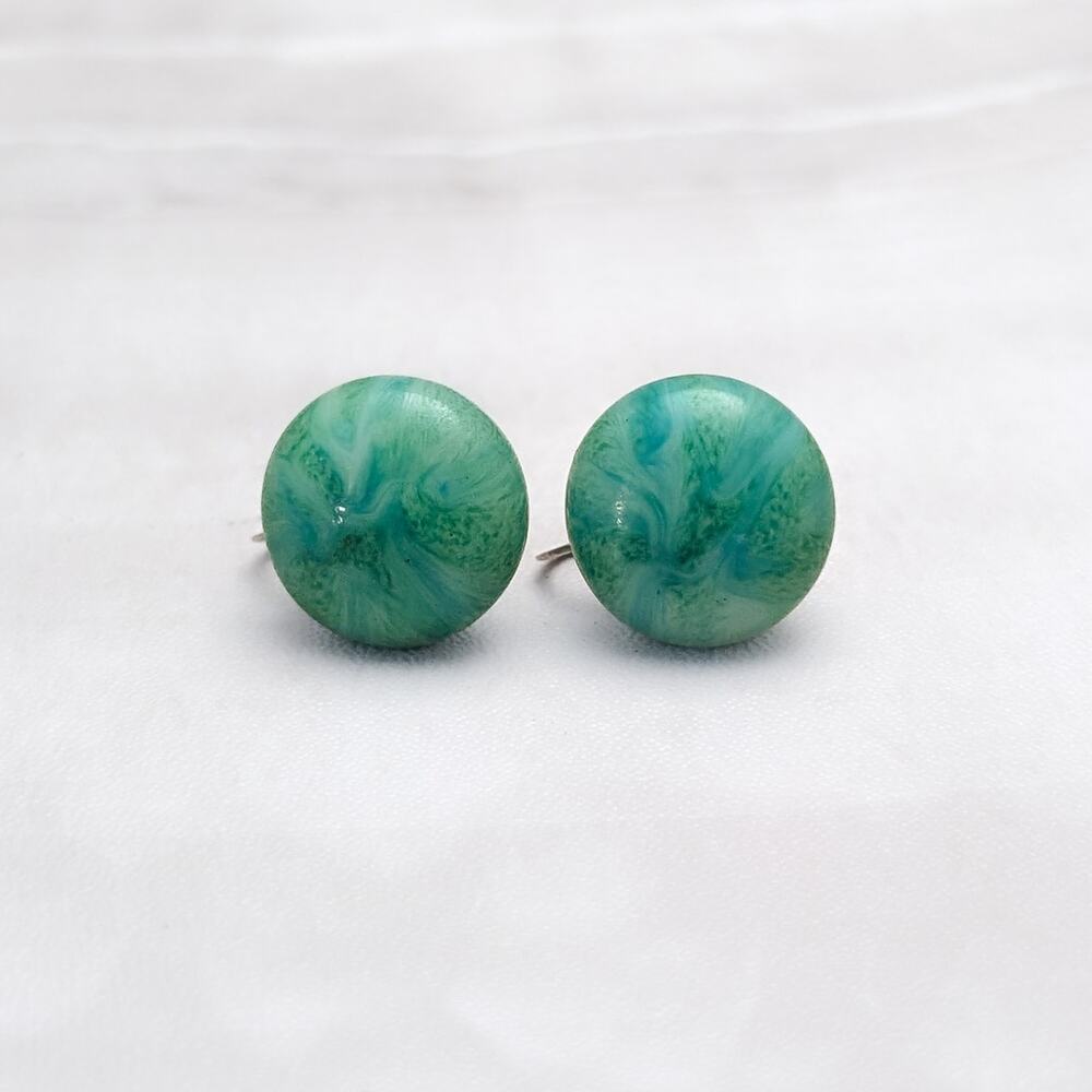 Vintage Screw On Earrings Marbled Sea Green - Unusual Material Possibly Glass?